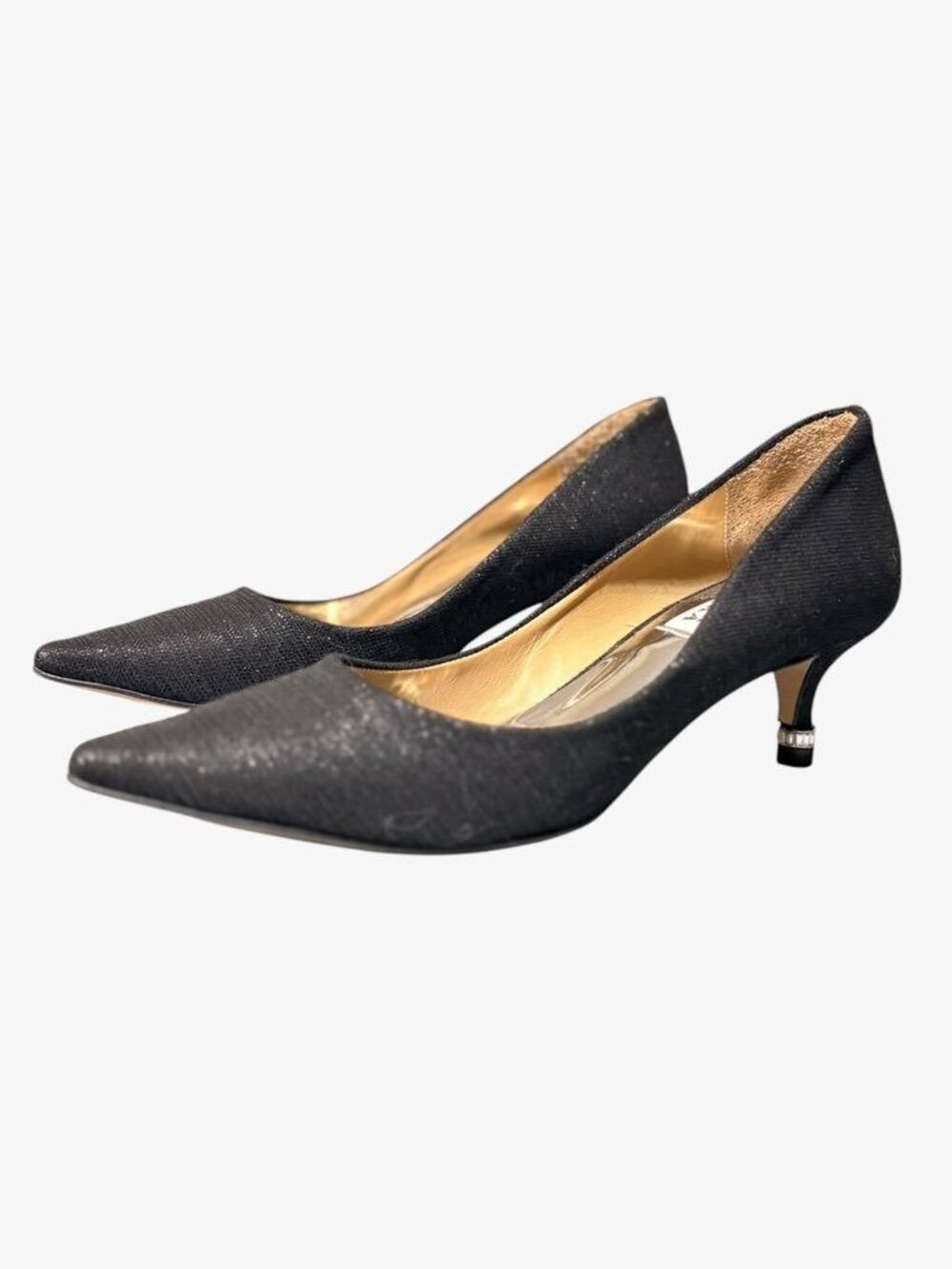 Black Badgley Mischka Kitten Heels 6.5 Metallic Fabric Crystal Heels Worn 1x